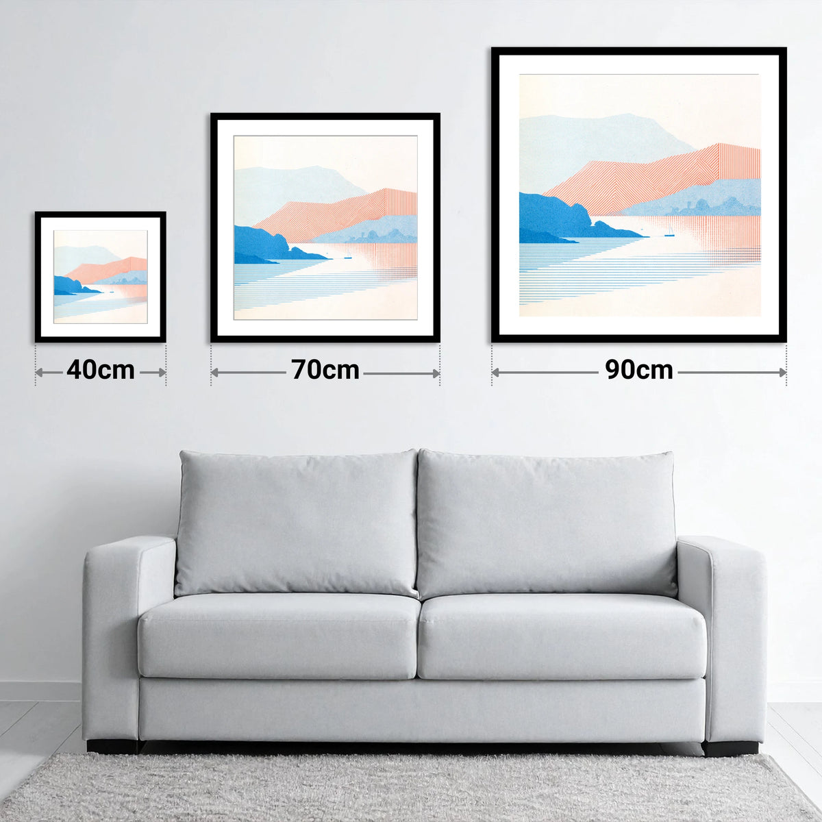 Geometric Coniston Water Fells - size guide showing 40cm, 70cm and 90cm art prints