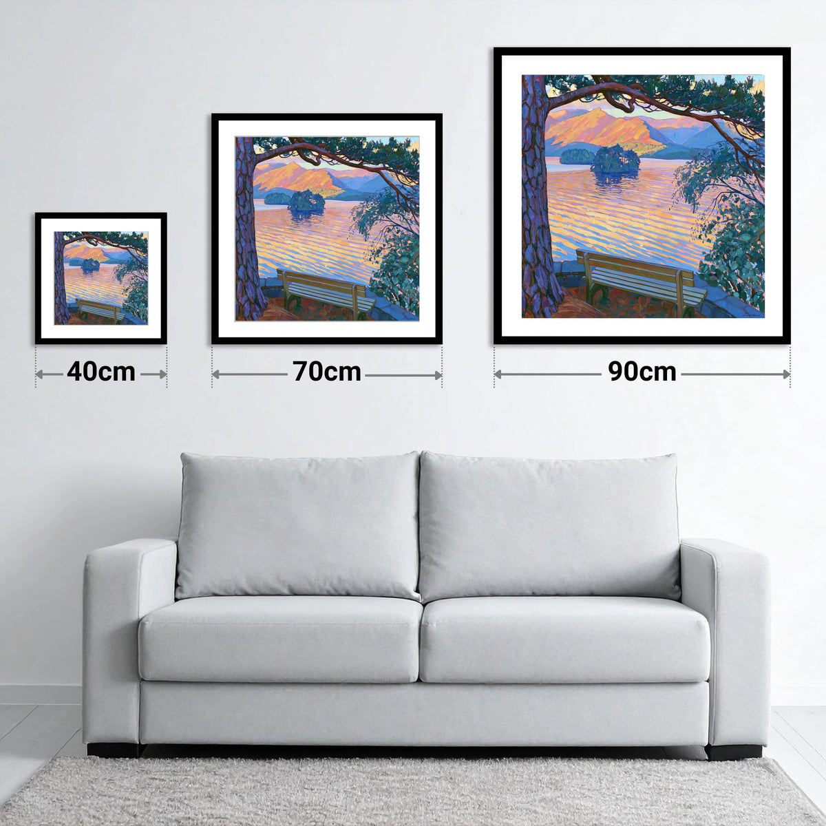Vibrant Derwentwater From Friar's Crag - size guide showing 40cm, 70cm and 90cm art prints