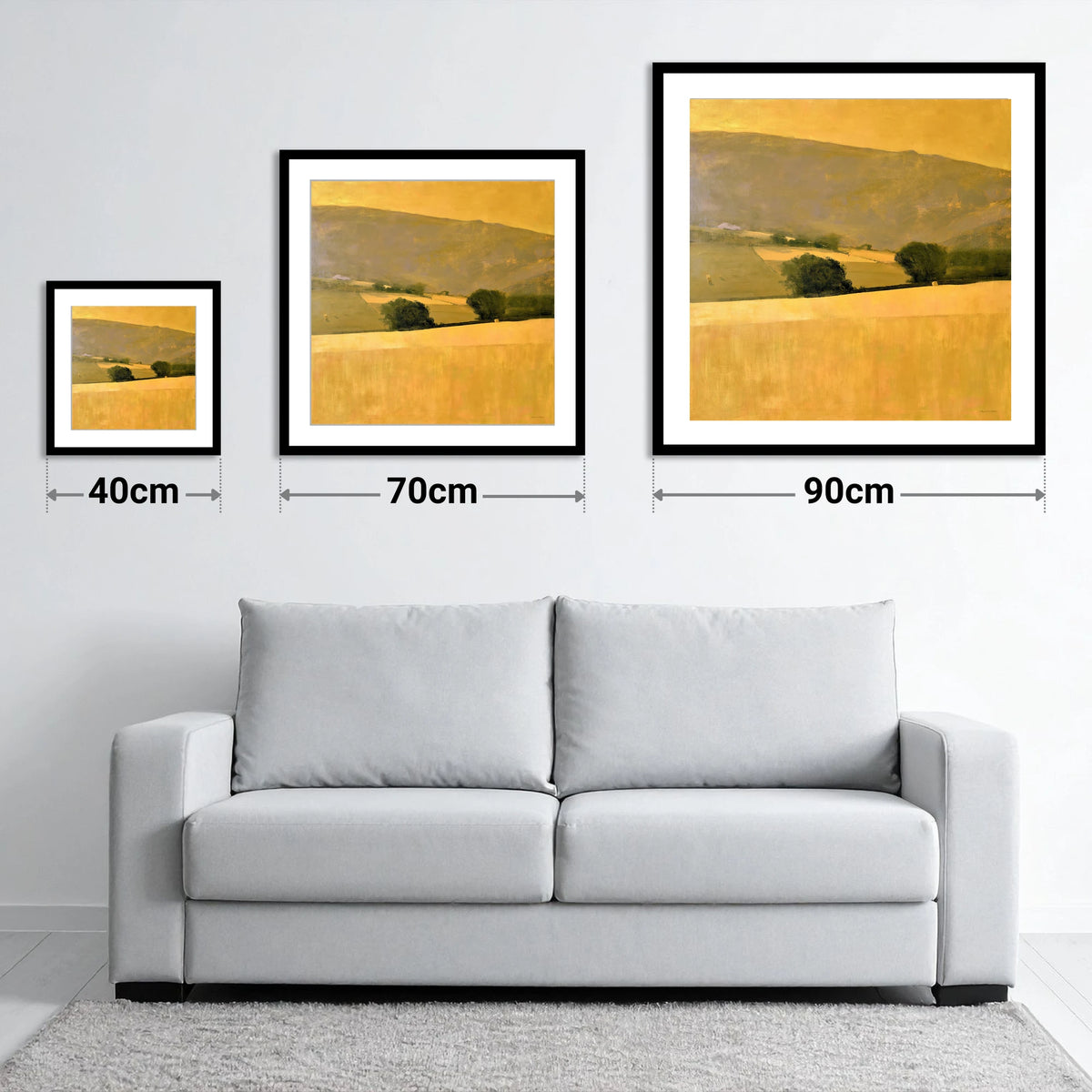 Golden Fields in a Dale - size guide showing 40cm, 70cm and 90cm art prints