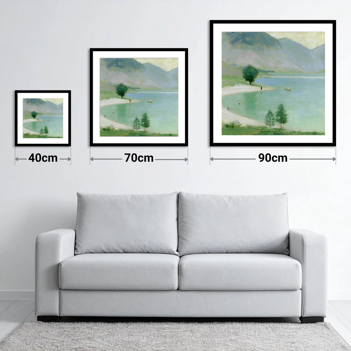 Wild Swimmers in Hazy Wastwater - size guide showing 40cm, 70cm and 90cm art prints