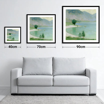 Wild Swimmers in Hazy Wastwater - size guide showing 40cm, 70cm and 90cm art prints