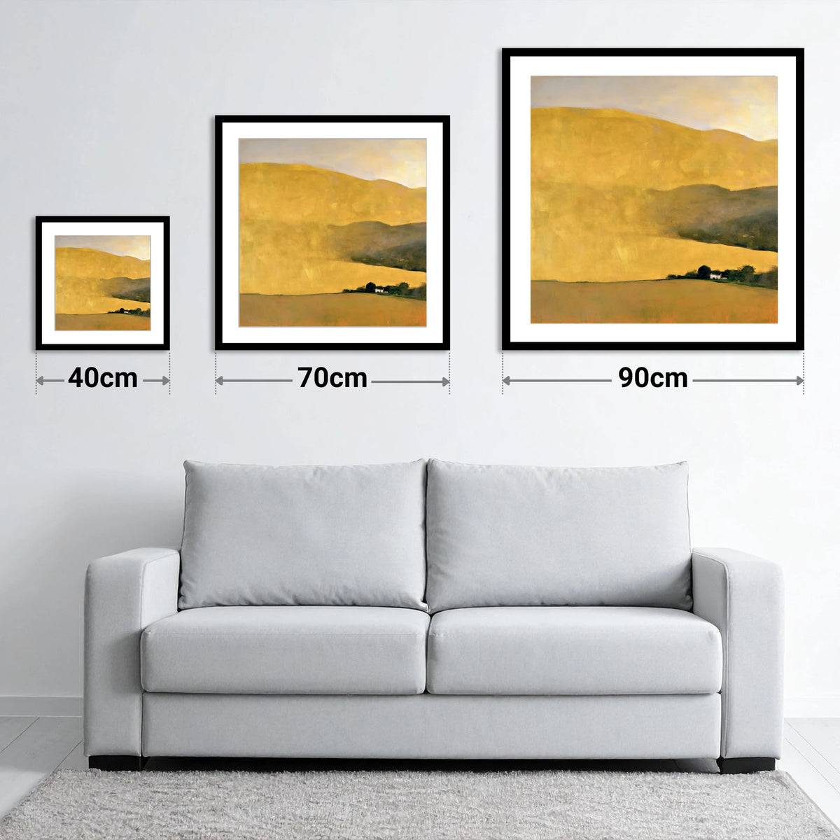 Radiant Golden Fells at Evening - size guide showing 40cm, 70cm and 90cm art prints