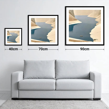 Lone Boat on Deep Blue Lake - size guide showing 40cm, 70cm and 90cm art prints