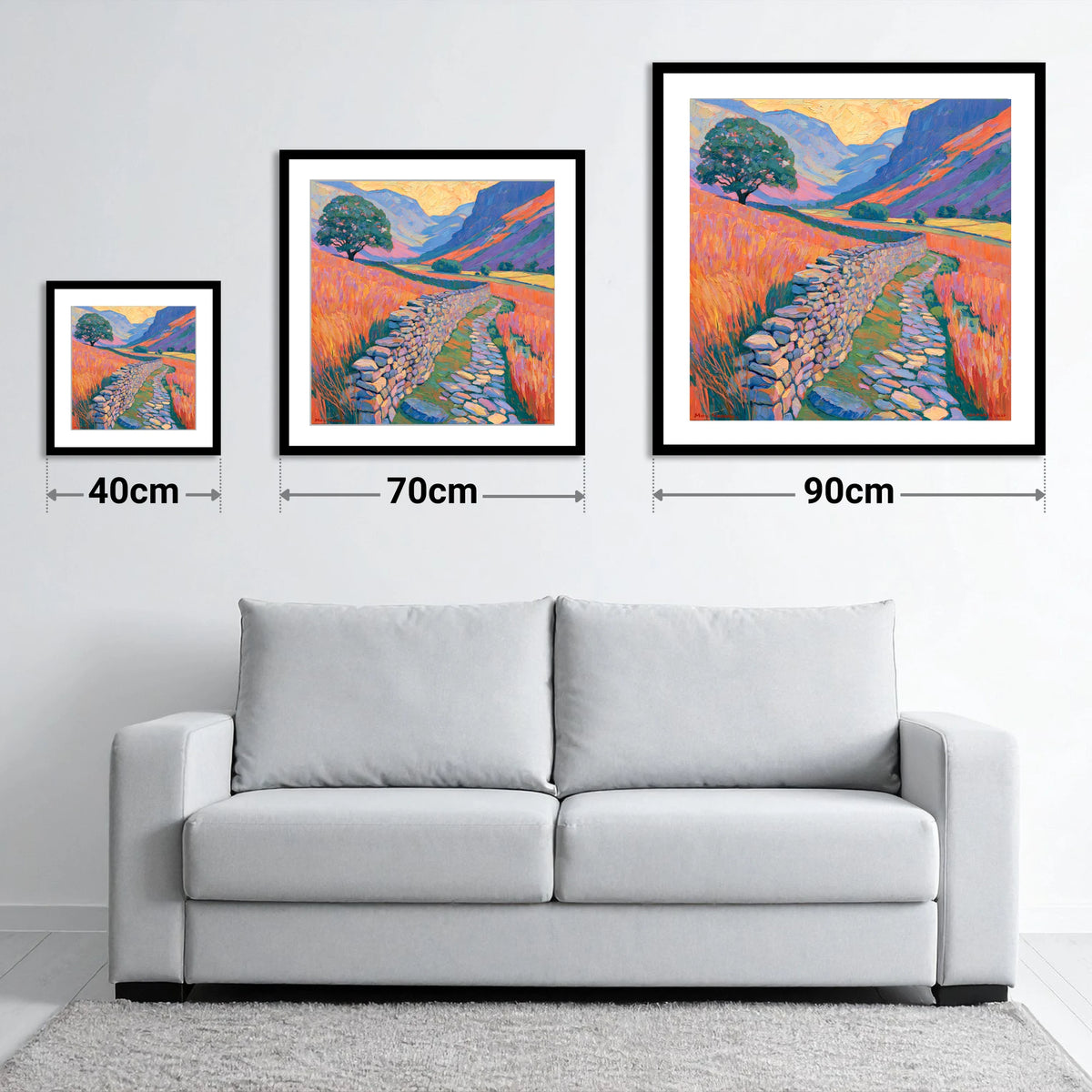 Drystone Wall Through Golden Valley - size guide showing 40cm, 70cm and 90cm art prints