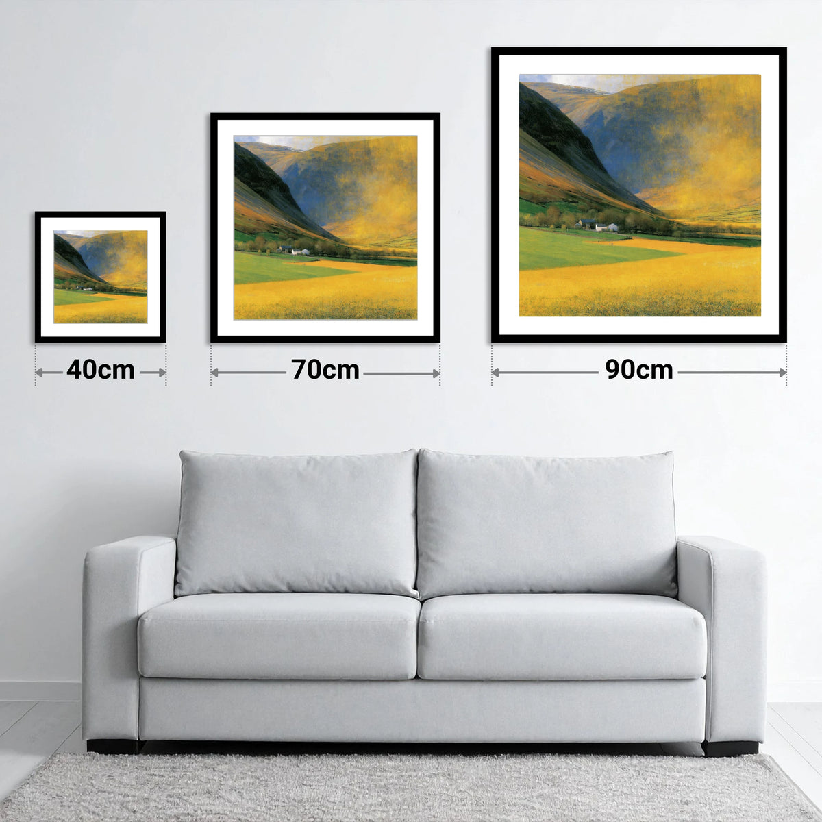 Golden Light Over Valley Fields - size guide showing 40cm, 70cm and 90cm art prints