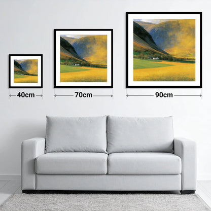 Golden Light Over Valley Fields - size guide showing 40cm, 70cm and 90cm art prints