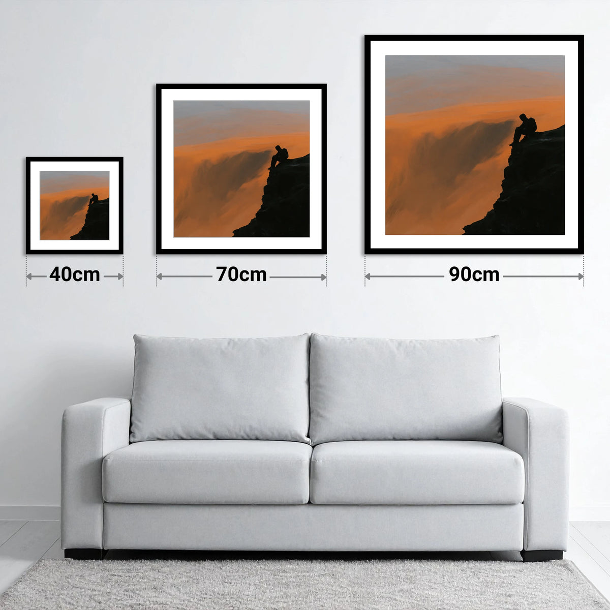 Blencathra Walker Silhouette in Amber - size guide showing 40cm, 70cm and 90cm art prints