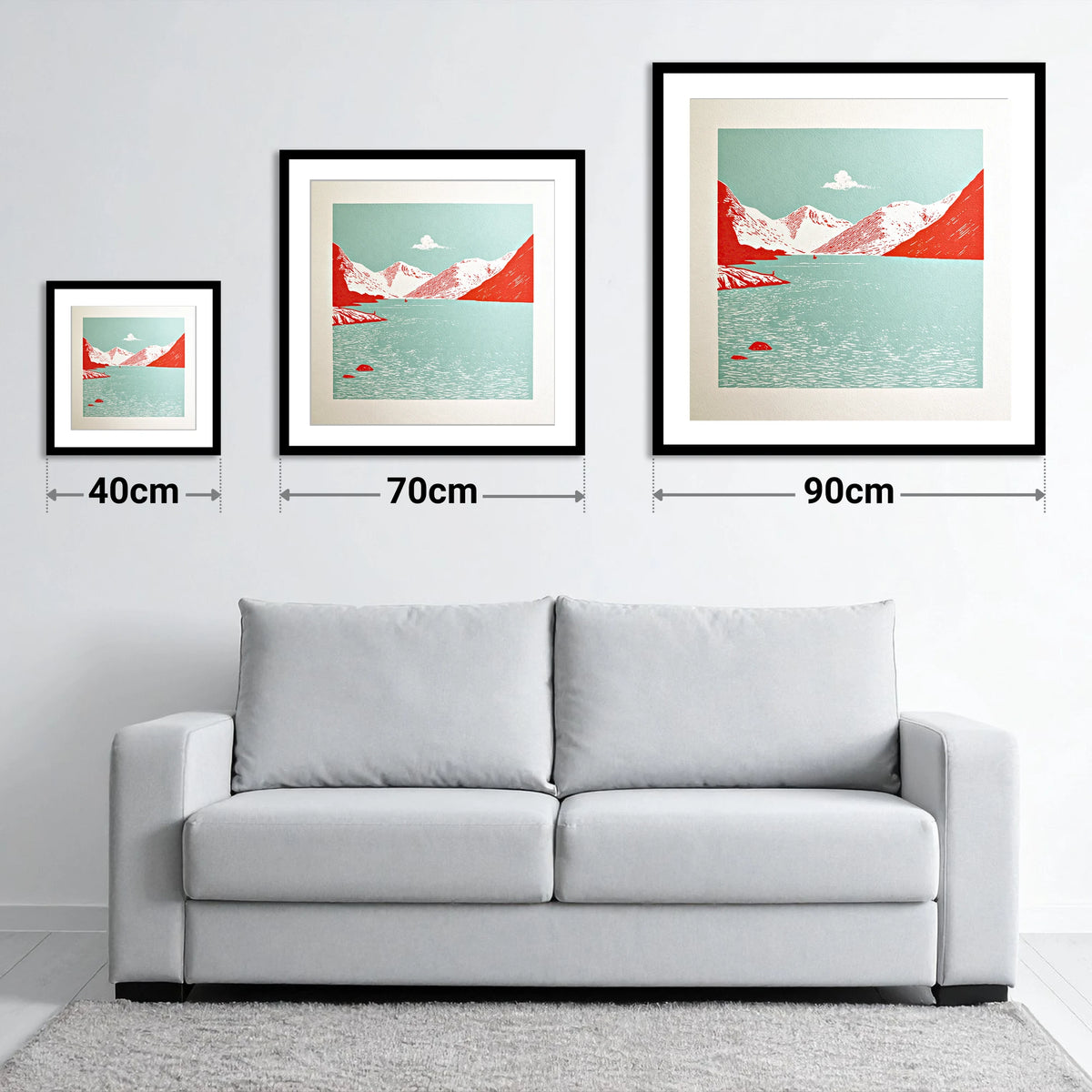 Vibrant Red Wastwater Landscape - size guide showing 40cm, 70cm and 90cm art prints