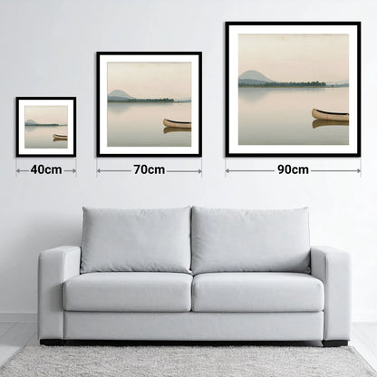 Wooden Canoe on Pale Windermere - size guide showing 40cm, 70cm and 90cm art prints