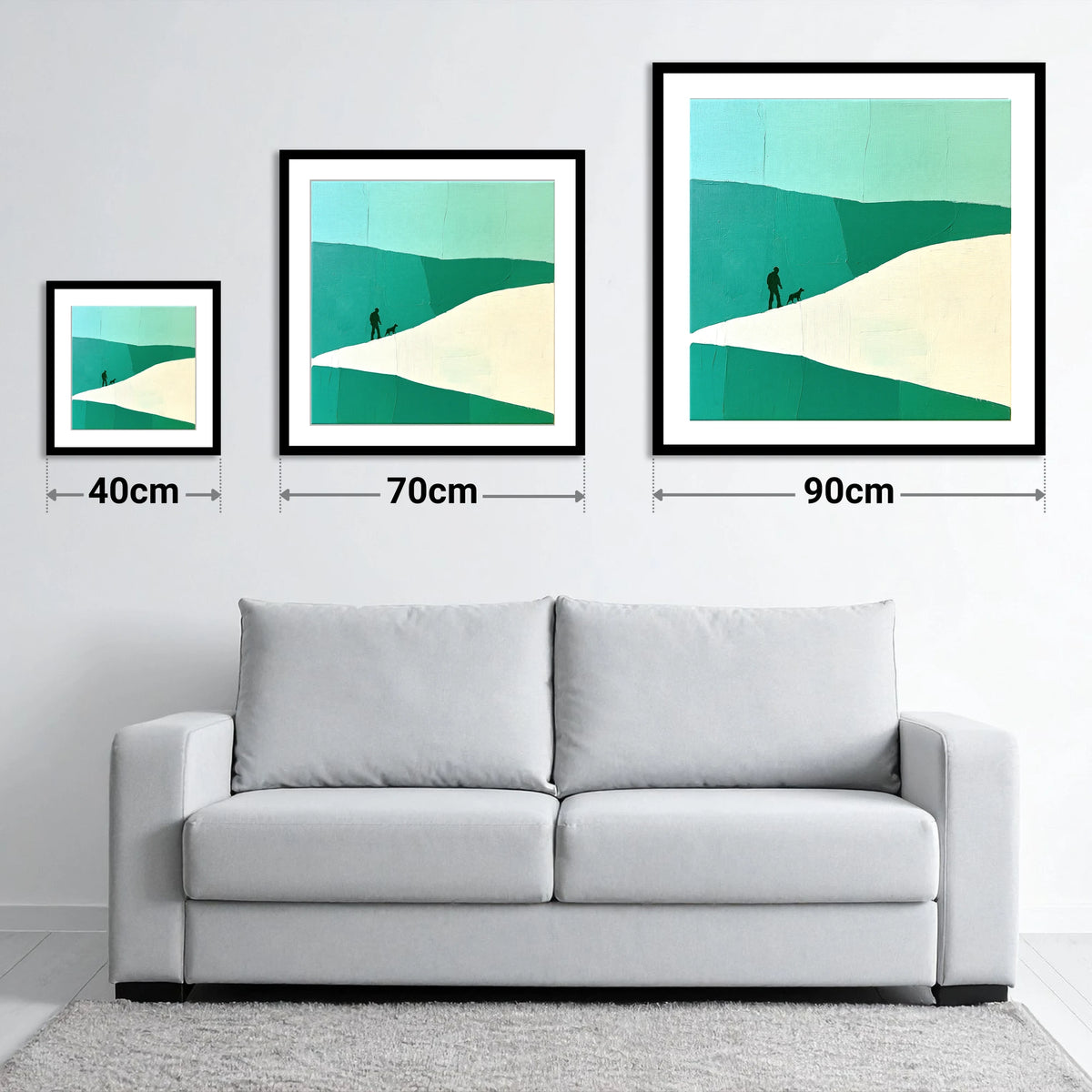 Teal and White Fell Walker - size guide showing 40cm, 70cm and 90cm art prints