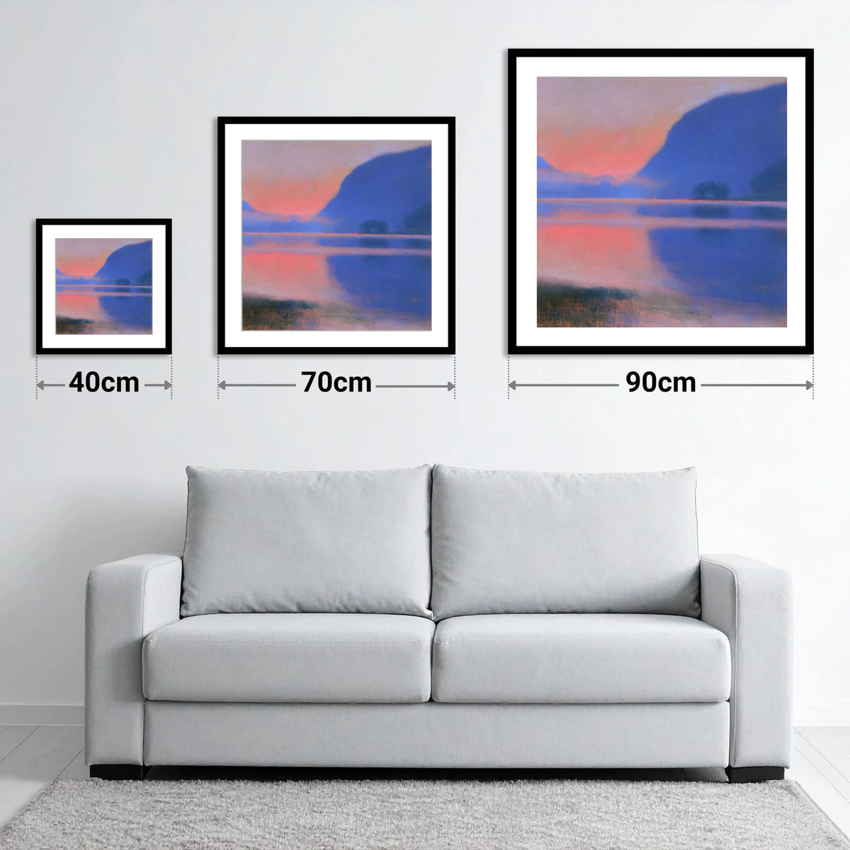 Pink Dawn Over Still Lake - size guide showing 40cm, 70cm and 90cm art prints