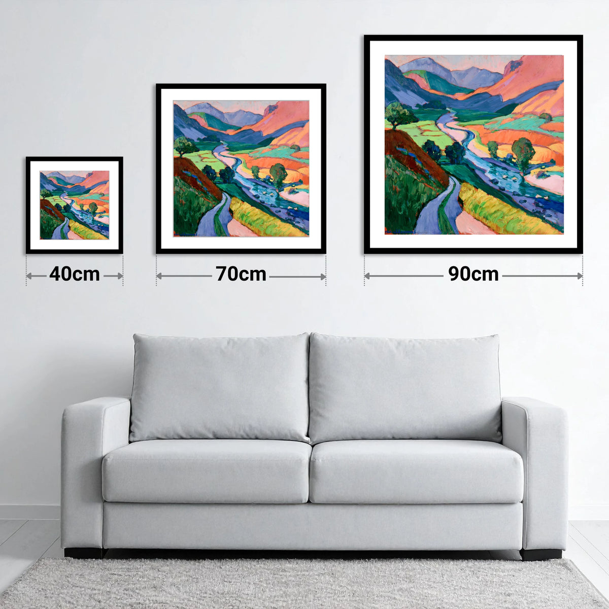 Meandering River Among Bold Fells - size guide showing 40cm, 70cm and 90cm art prints