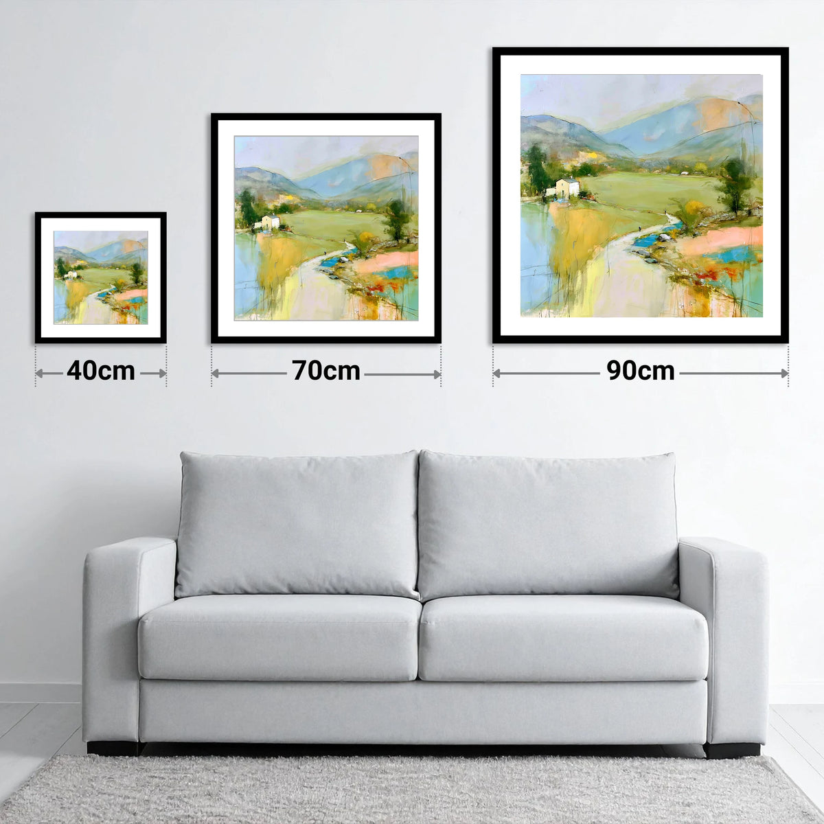 Vibrant Green Valley Between the Fells - size guide showing 40cm, 70cm and 90cm art prints