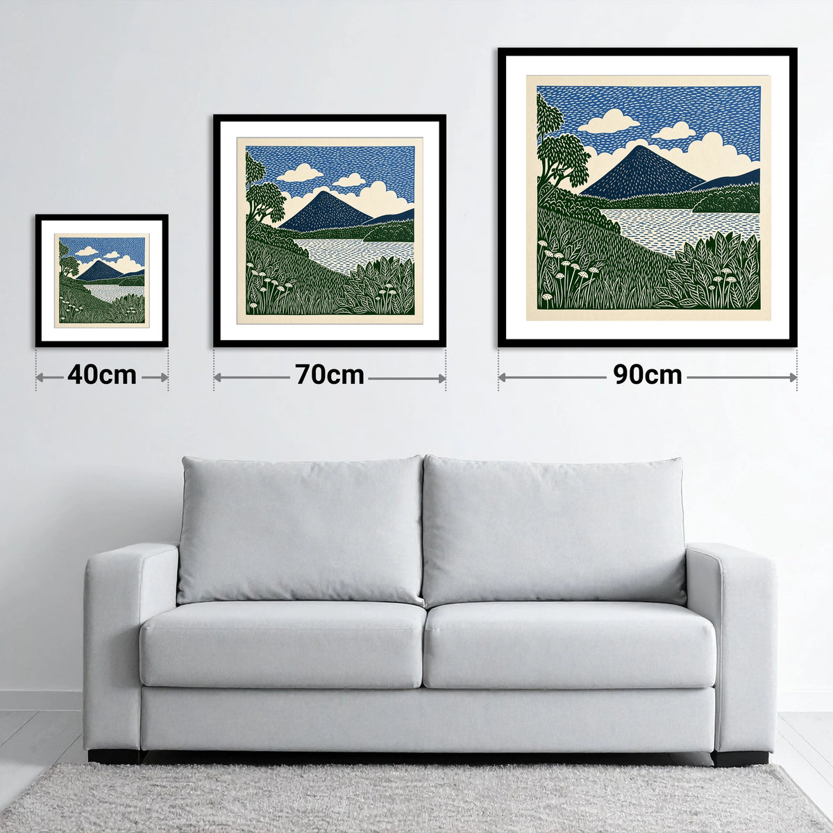 Catbells Peak in Deep Blue - size guide showing 40cm, 70cm and 90cm art prints