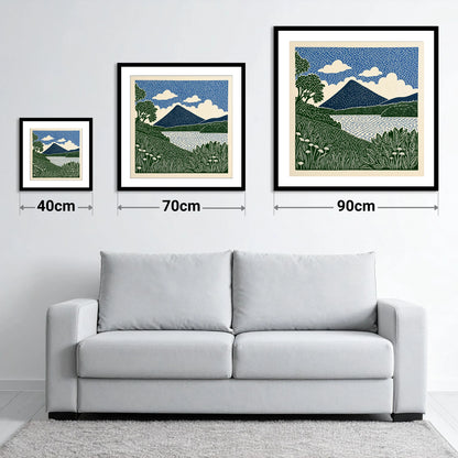 Catbells Peak in Deep Blue - size guide showing 40cm, 70cm and 90cm art prints