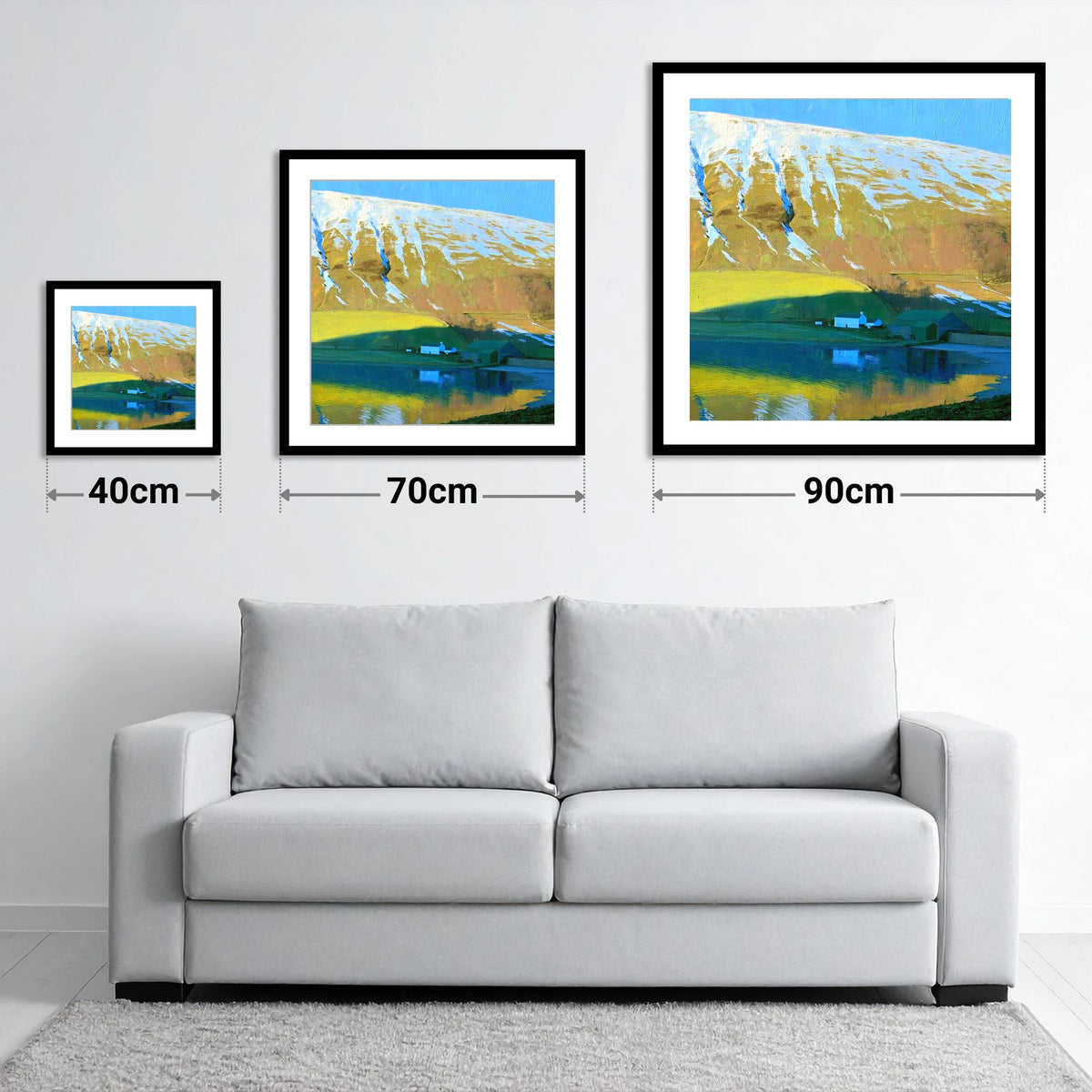 Sunlight On High Tove Snow Gullies - size guide showing 40cm, 70cm and 90cm art prints