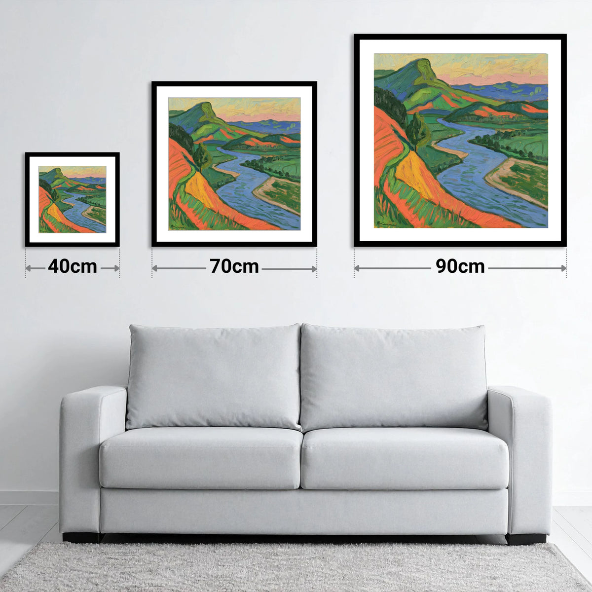 Vivid Orange and Green River Valley - size guide showing 40cm, 70cm and 90cm art prints