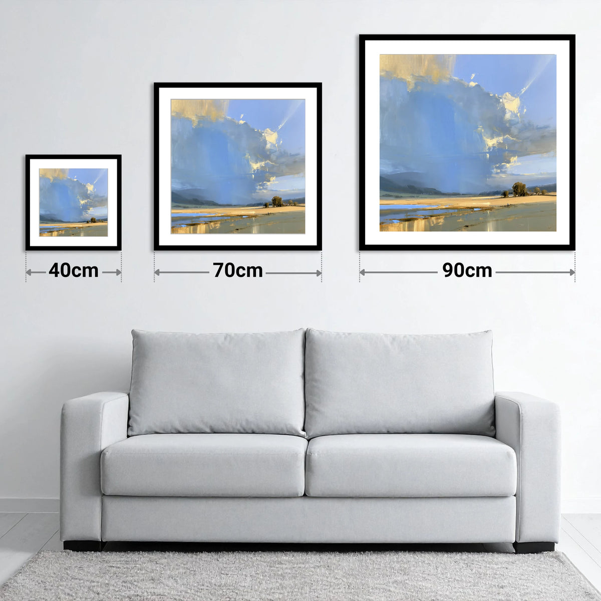 Luminous Storm Clouds Over Fells - size guide showing 40cm, 70cm and 90cm art prints