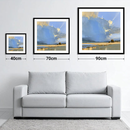 Luminous Storm Clouds Over Fells - size guide showing 40cm, 70cm and 90cm art prints