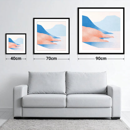 Coniston Water in Coral and Blue - size guide showing 40cm, 70cm and 90cm art prints