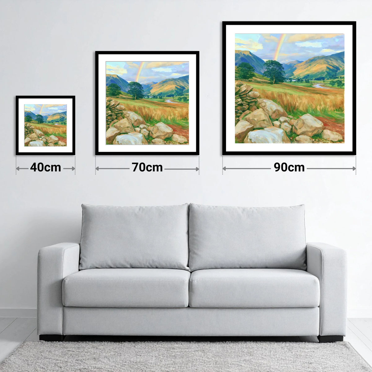 Rainbow Over a Sunlit Valley - size guide showing 40cm, 70cm and 90cm art prints