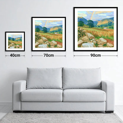 Rainbow Over a Sunlit Valley - size guide showing 40cm, 70cm and 90cm art prints