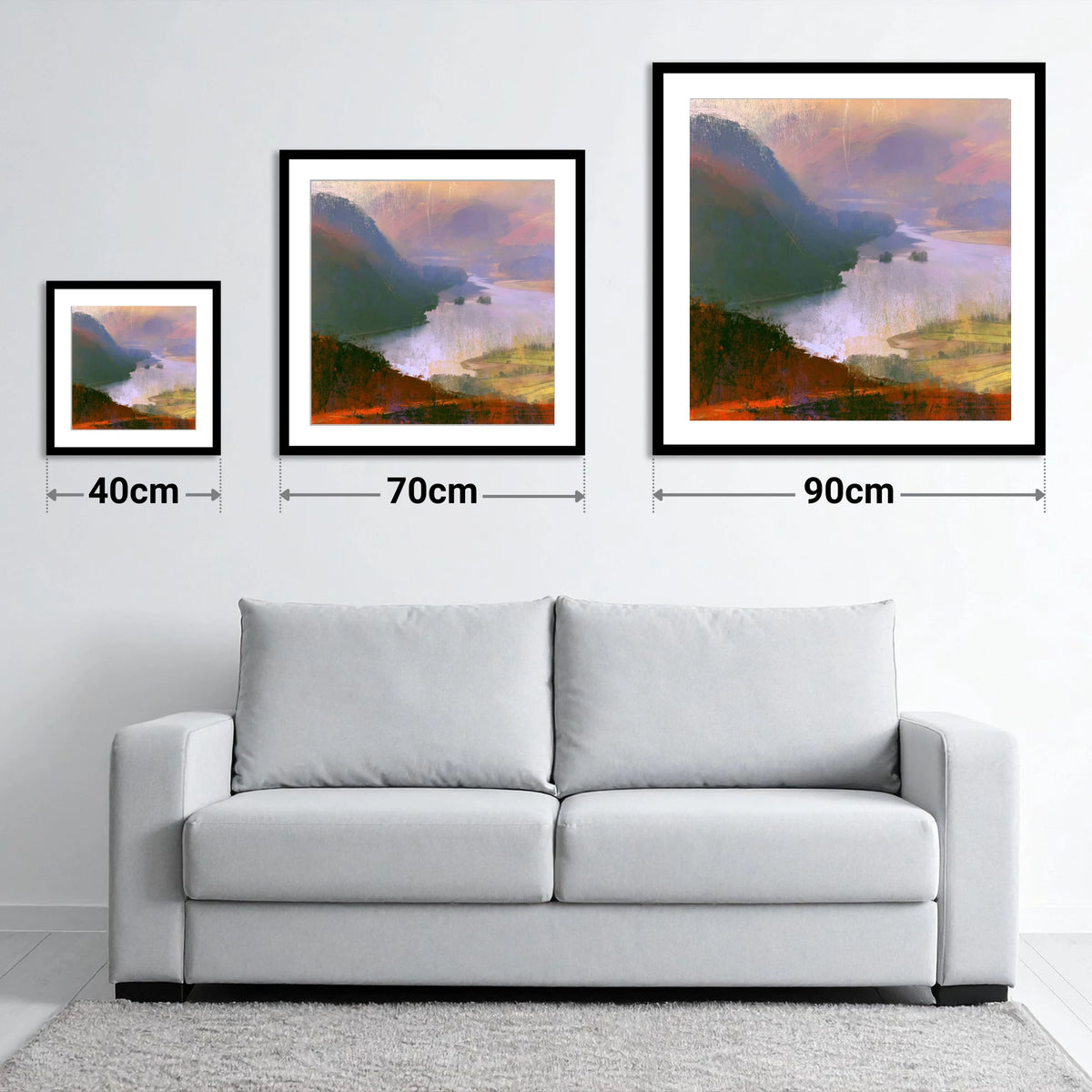 Winding Ullswater from the Fells - size guide showing 40cm, 70cm and 90cm art prints