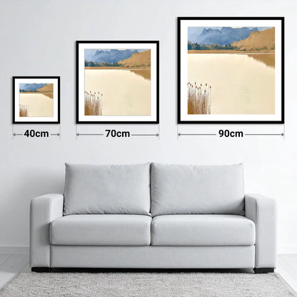 Elterwater Reeds and Slate Fells - size guide showing 40cm, 70cm and 90cm art prints