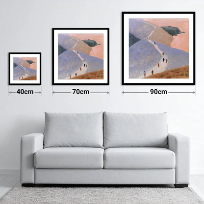 Walkers Ascending the Lavender Fells - size guide showing 40cm, 70cm and 90cm art prints