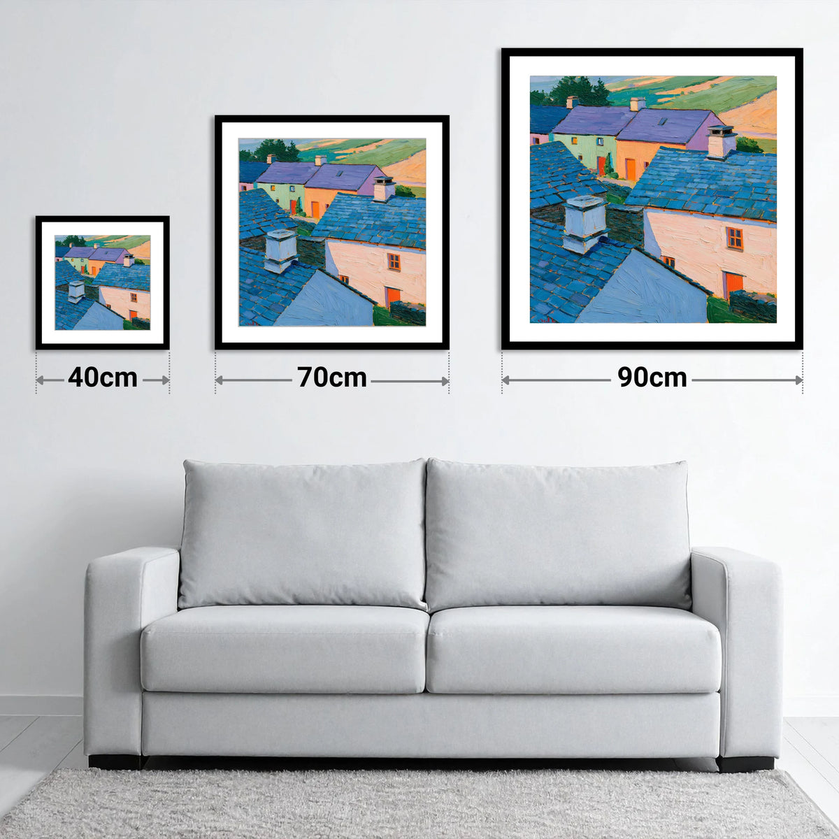 Colourful Slate Roofed Village Cottages - size guide showing 40cm, 70cm and 90cm art prints