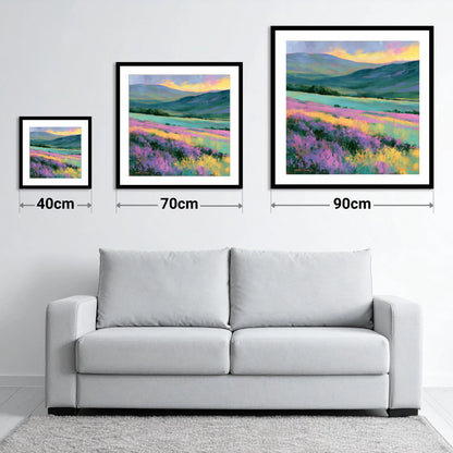 Purple Heather Fellside at Sunset - size guide showing 40cm, 70cm and 90cm art prints