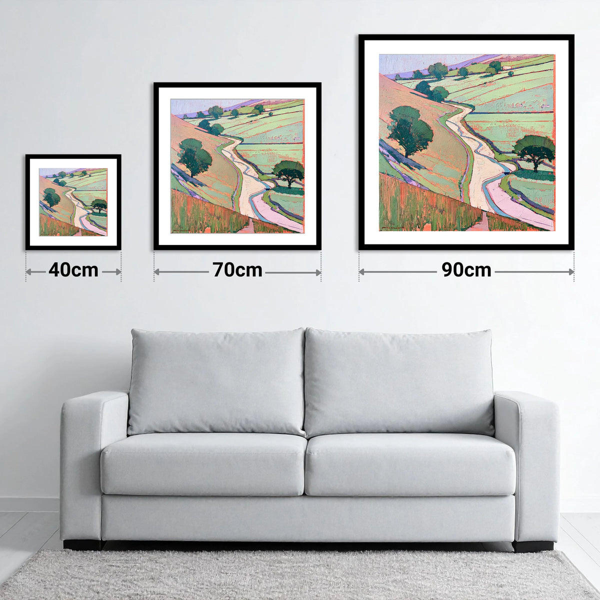 Winding River In Pastel Valley - size guide showing 40cm, 70cm and 90cm art prints