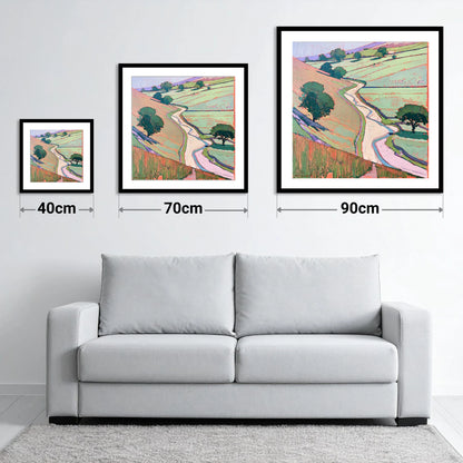 Winding River In Pastel Valley - size guide showing 40cm, 70cm and 90cm art prints