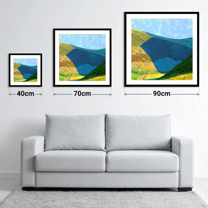 Carrock Fell Ridge in Sunlight - size guide showing 40cm, 70cm and 90cm art prints