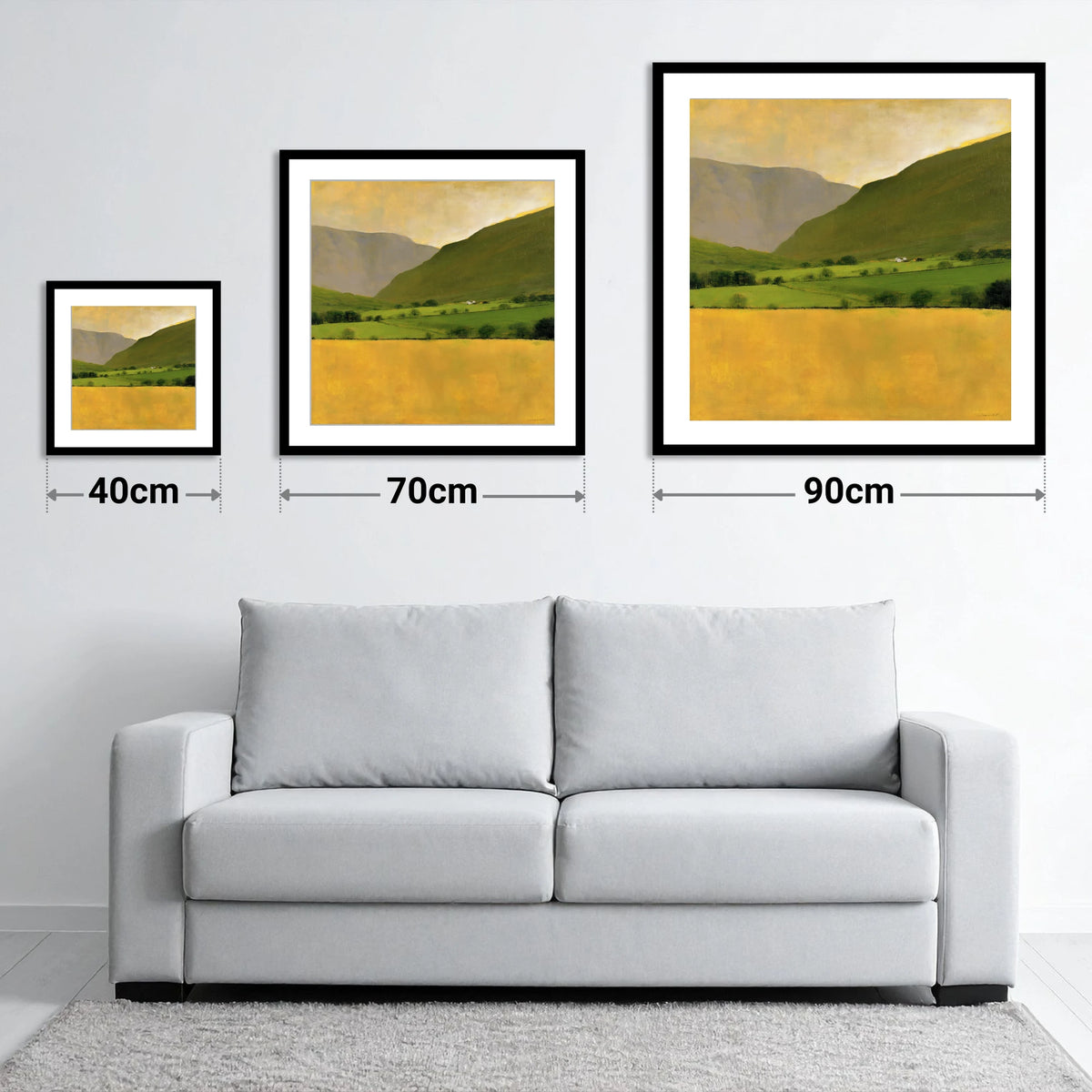 Golden Field Below the Fells - size guide showing 40cm, 70cm and 90cm art prints