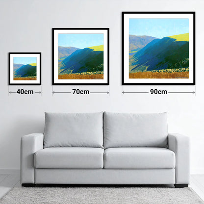 Steep Shadows on Gray Crag - size guide showing 40cm, 70cm and 90cm art prints