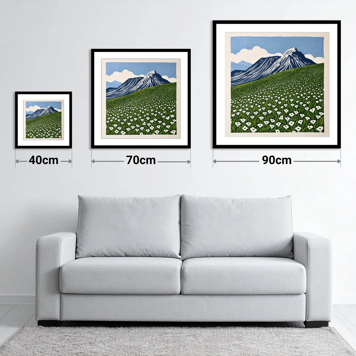 Blencathra and White Fellside Blooms - size guide showing 40cm, 70cm and 90cm art prints