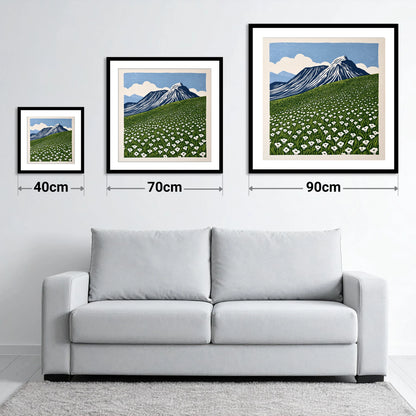 Blencathra and White Fellside Blooms - size guide showing 40cm, 70cm and 90cm art prints