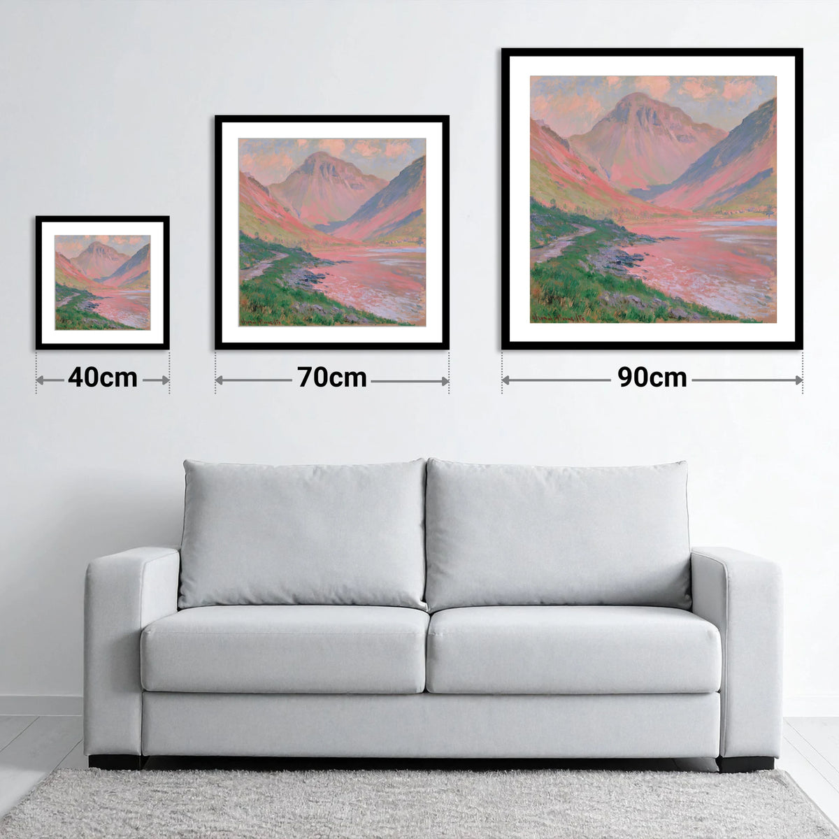 Great Gable in Coral Light - size guide showing 40cm, 70cm and 90cm art prints