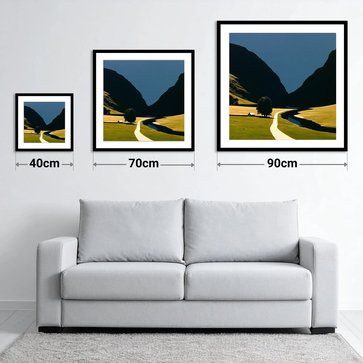 River Winding Through Dark Fells - size guide showing 40cm, 70cm and 90cm art prints