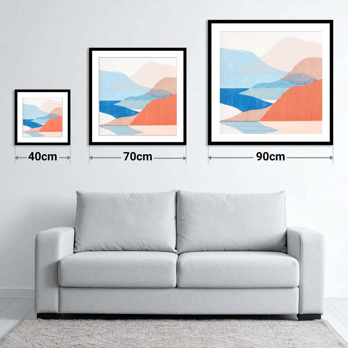 Modern Eskdale Valley in Coral - size guide showing 40cm, 70cm and 90cm art prints