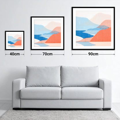 Modern Eskdale Valley in Coral - size guide showing 40cm, 70cm and 90cm art prints