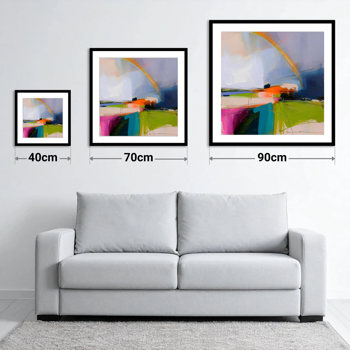Vibrant Rainbow After Lakeland Rain - size guide showing 40cm, 70cm and 90cm art prints