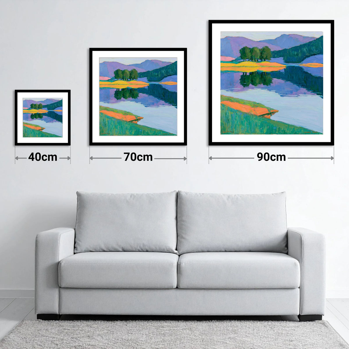 Vivid Reflections on the Lake - size guide showing 40cm, 70cm and 90cm art prints