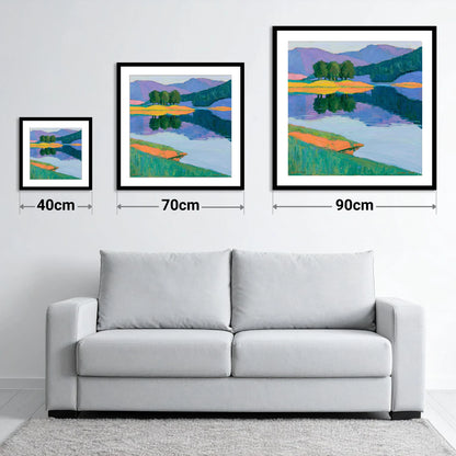 Vivid Reflections on the Lake - size guide showing 40cm, 70cm and 90cm art prints