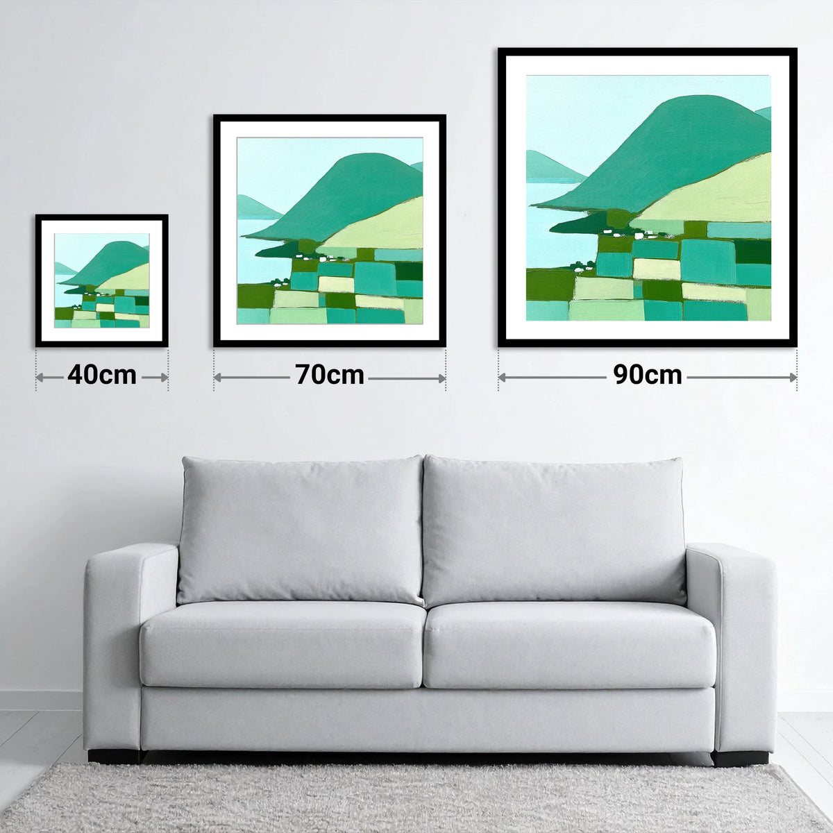 Geometric Greens of Glenridding Village - size guide showing 40cm, 70cm and 90cm art prints