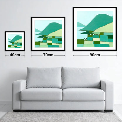 Geometric Greens of Glenridding Village - size guide showing 40cm, 70cm and 90cm art prints