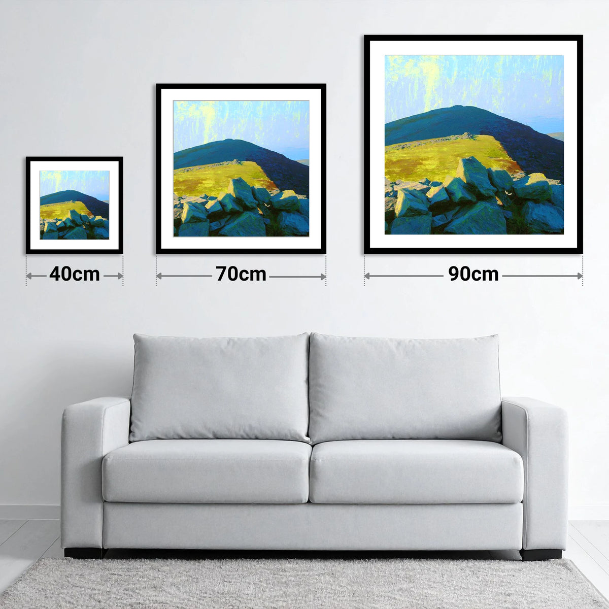 Sunlit Ridge on Gavel Fell - size guide showing 40cm, 70cm and 90cm art prints