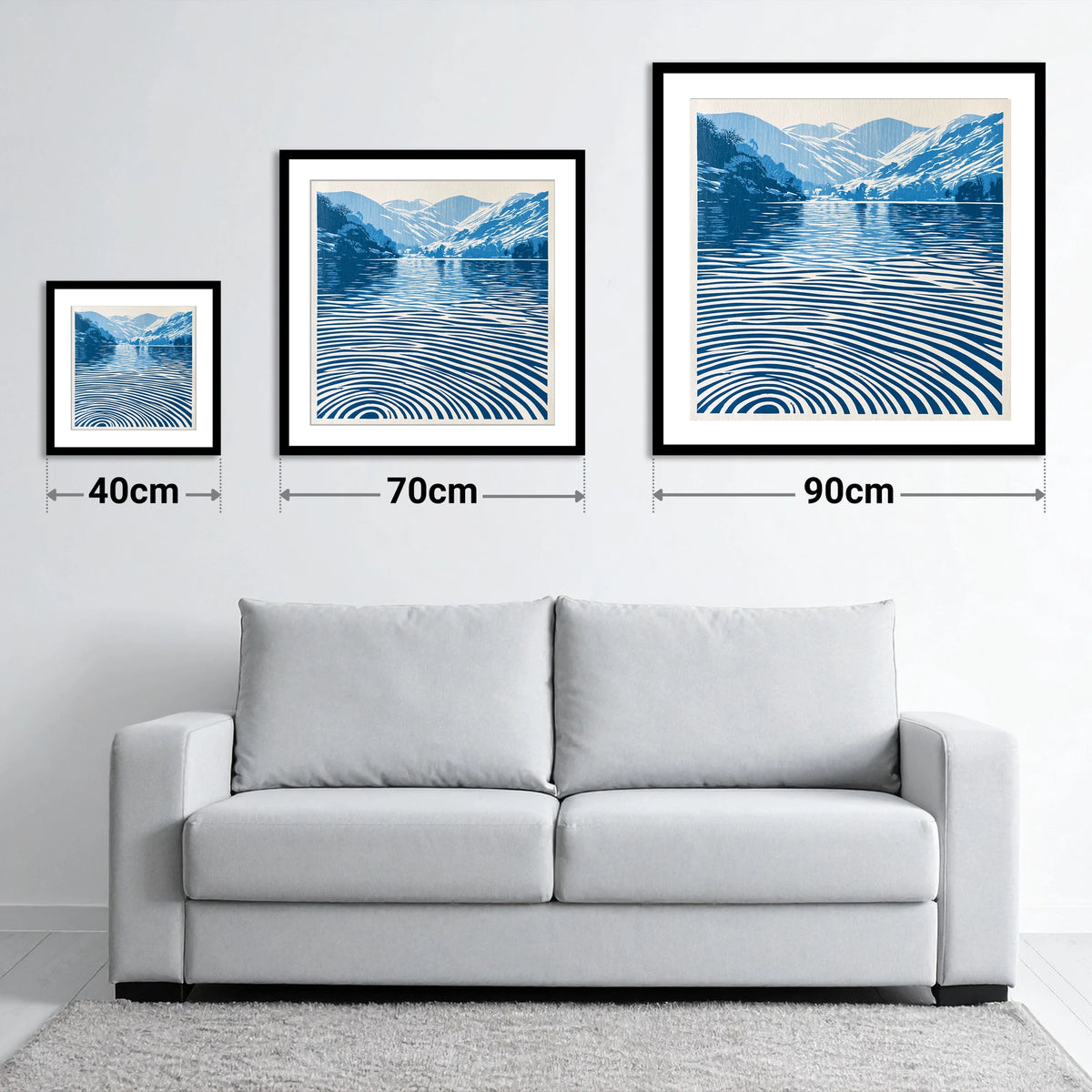 Cobalt Ripples on Dawn Lake - size guide showing 40cm, 70cm and 90cm art prints