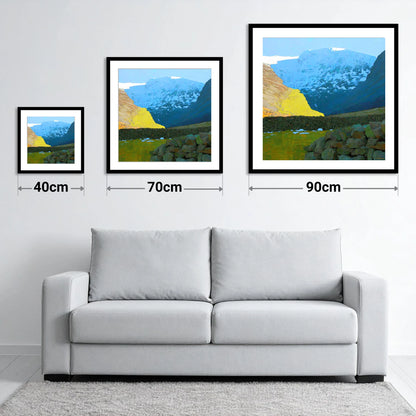 Winter Sunlight Over Seathwaite Fell - size guide showing 40cm, 70cm and 90cm art prints